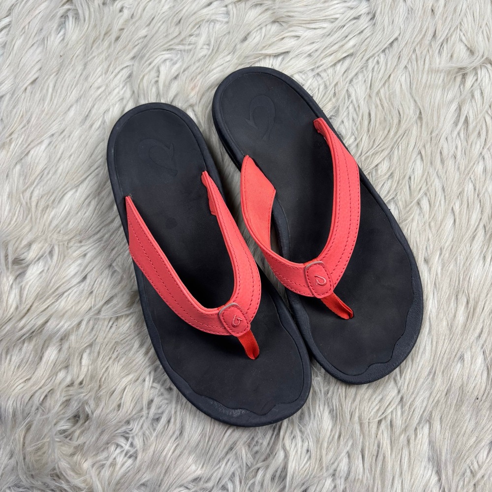 OluKai Women's 8 Hot Coral Red Ohana Flip Flop Sandals Resort Vacation Classic - Picture 2 of 5